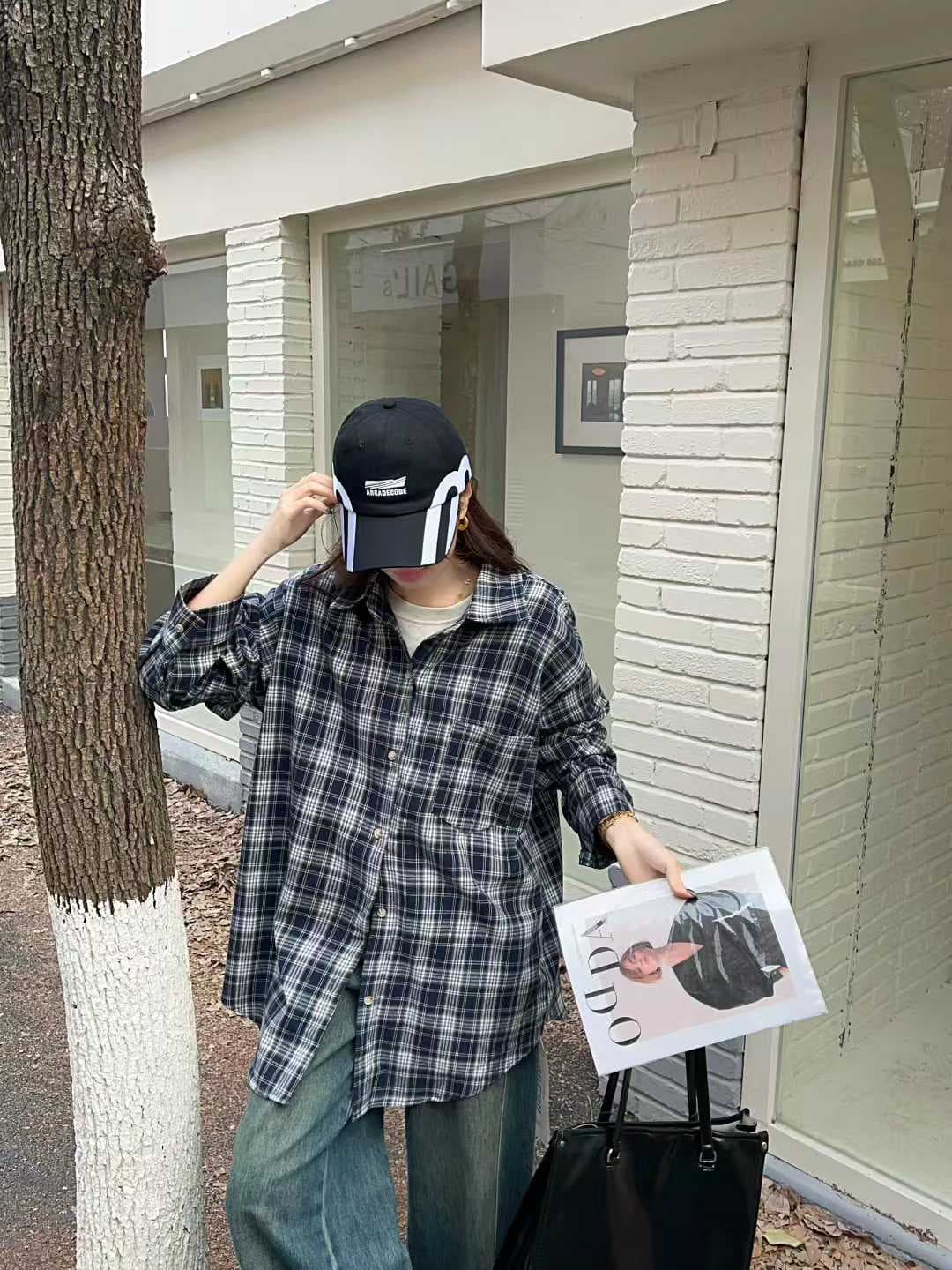 한국 스타일 가을 미니멀리즘 클래식 격자 무늬 셔츠 긴팔 폴로 칼라 캐주얼 긴팔 맨위 셔츠 하라주쿠 스타일 여성 코트 상세 이미지 2