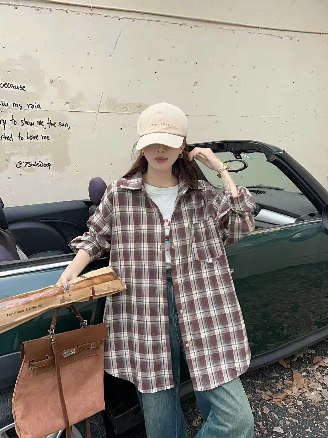 한국 스타일 가을 미니멀리즘 클래식 격자 무늬 셔츠 긴팔 폴로 칼라 캐주얼 긴팔 맨위 셔츠 하라주쿠 스타일 여성 코트 상세 이미지 3