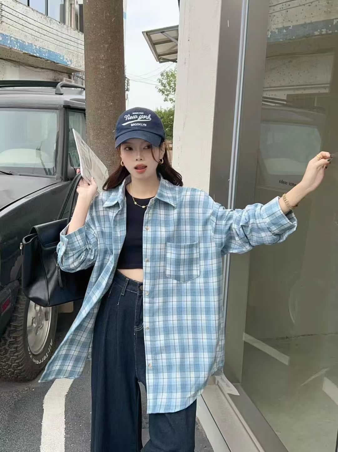 한국 스타일 가을 미니멀리즘 클래식 격자 무늬 셔츠 긴팔 폴로 칼라 캐주얼 긴팔 맨위 셔츠 하라주쿠 스타일 여성 코트 상세 이미지 4