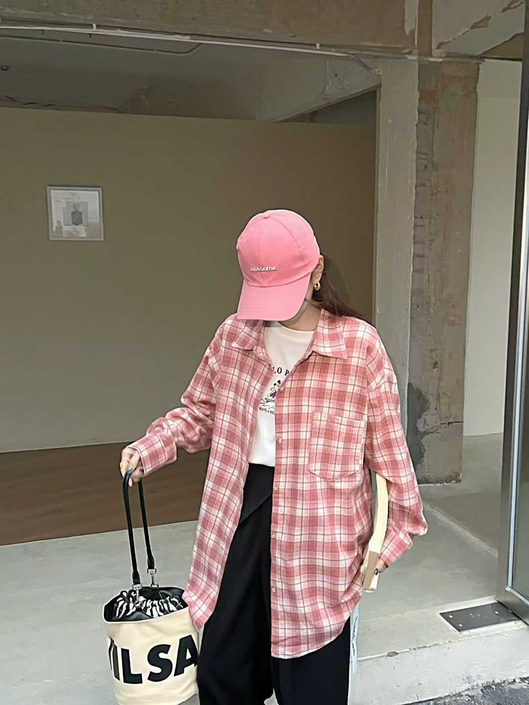 한국 스타일 가을 미니멀리즘 클래식 격자 무늬 셔츠 긴팔 폴로 칼라 캐주얼 긴팔 맨위 셔츠 하라주쿠 스타일 여성 코트 상세 이미지 6