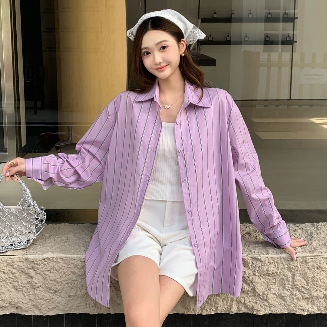한국 스타일 봄 미니멀리즘 스트라이프 셔츠 캐주얼 루즈핏 긴팔 폴로 칼라 맨위 셔츠 다용도 자외선 차단 의류 여성 코트 상세 이미지 4