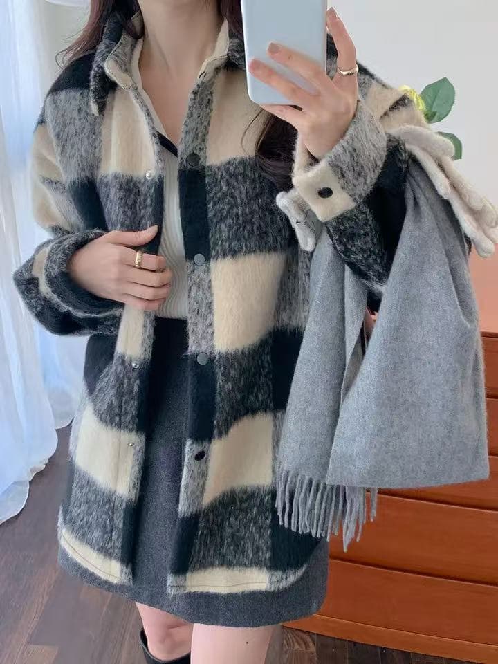 한국 스타일 겨울 oversize 배색 모직 격자 무늬 셔츠 미니멀리즘 하라주쿠 스타일 긴팔 캐주얼 셔츠 여성 재킷 이미지 2