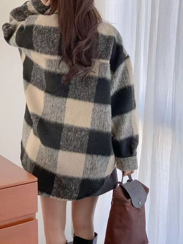 한국 스타일 겨울 oversize 배색 모직 격자 무늬 셔츠 미니멀리즘 하라주쿠 스타일 긴팔 캐주얼 셔츠 여성 재킷 상세 이미지 13