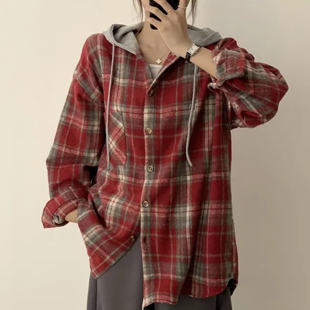 한국 스타일 겨울 후드 배색 모직 격자 무늬 셔츠 하라주쿠 스타일 캐주얼 미니멀리즘 루즈핏 맨위 모직 여성 코트 상세 이미지 2