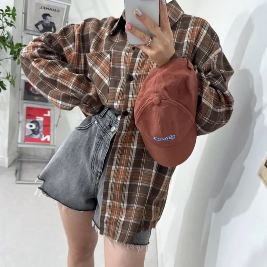 한국 스타일 봄 연삭 털 격자 무늬 셔츠 게으른 바람 맨위 미니멀리즘 루즈핏 디자인 센스 긴팔 셔츠 여성 코트 트렌디 상세 이미지 4