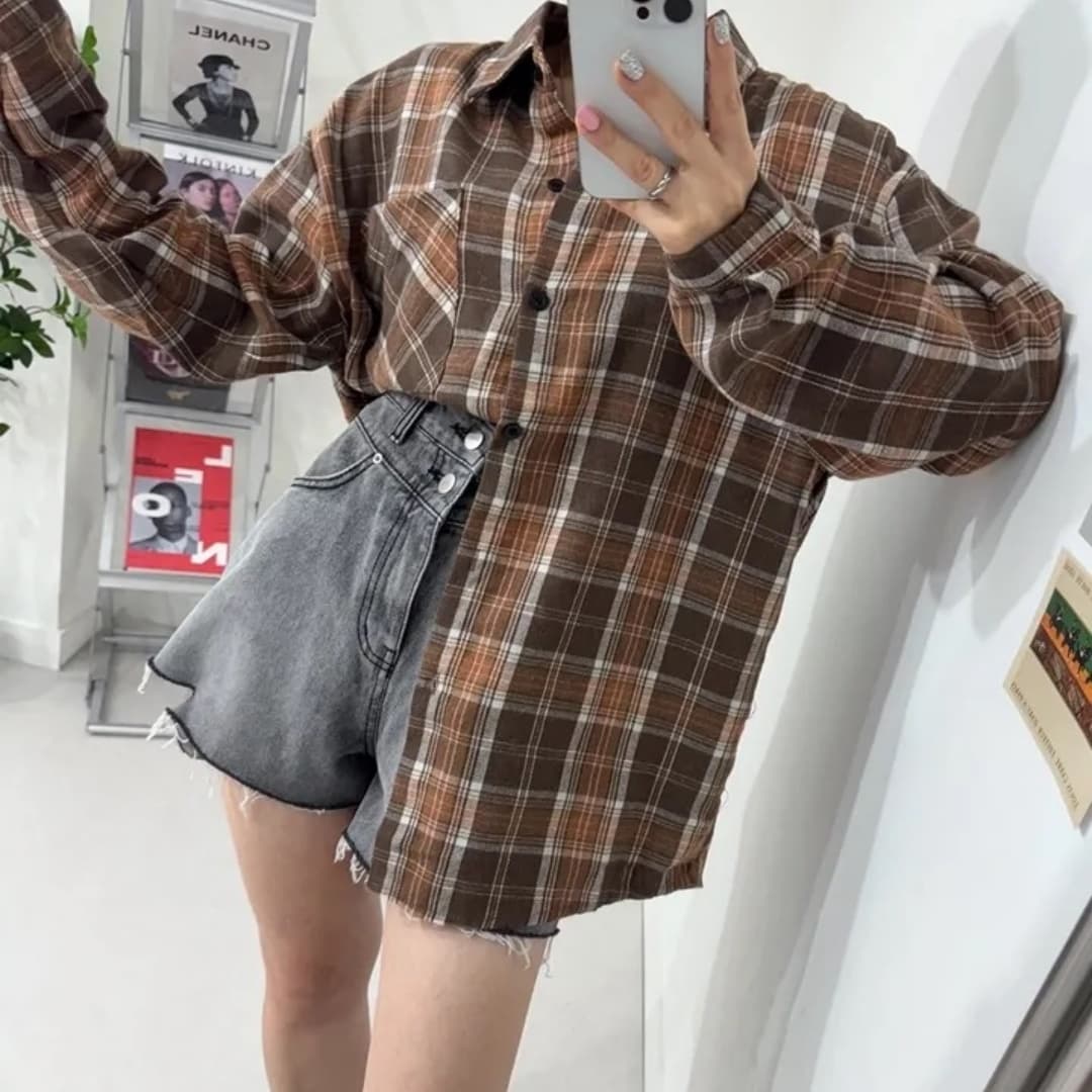 한국 스타일 봄 연삭 털 격자 무늬 셔츠 게으른 바람 맨위 미니멀리즘 루즈핏 디자인 센스 긴팔 셔츠 여성 코트 트렌디 상세 이미지 5