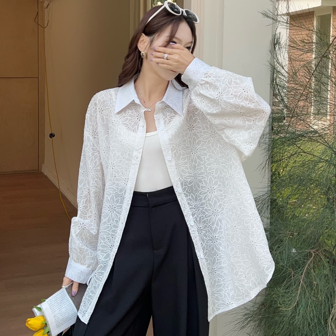 한국 스타일 봄 oversize 루즈핏 셔츠 하라주쿠 스타일 다용도 홀로우 아웃 자수 캐주얼 디자인 센스 셔츠 여성 코트 상세 이미지 3