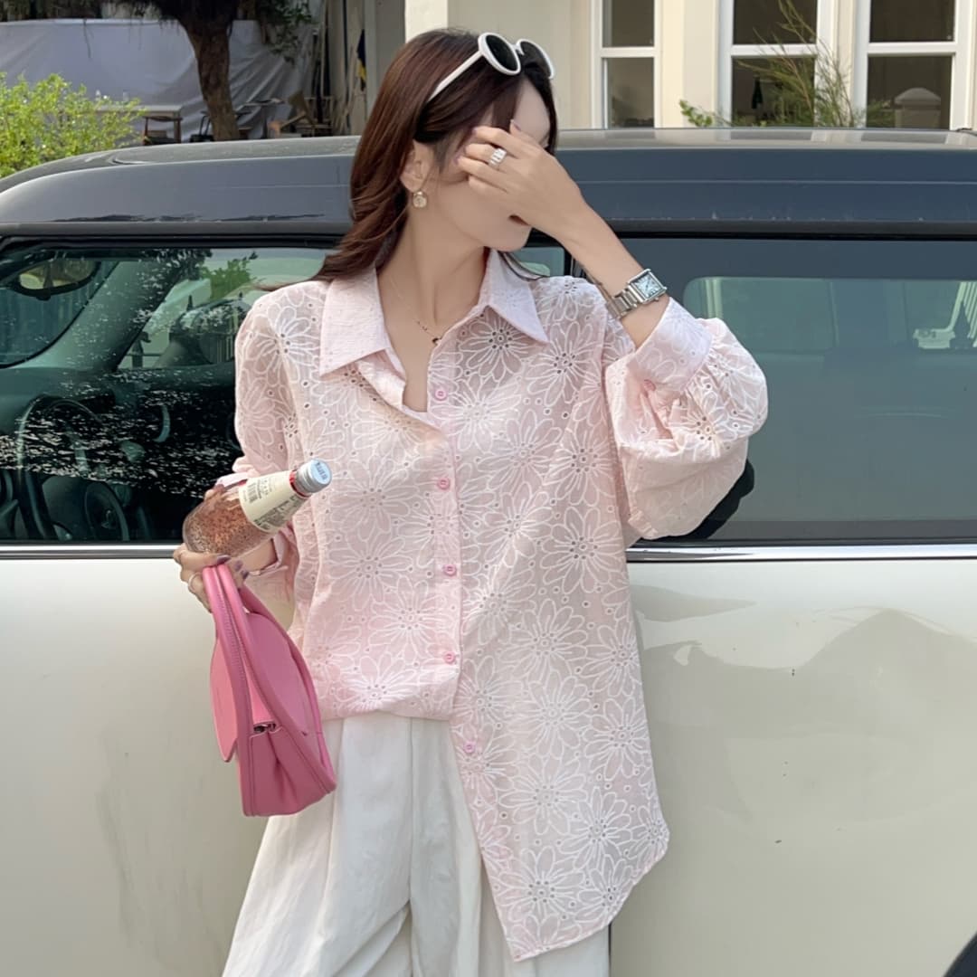 한국 스타일 봄 oversize 루즈핏 셔츠 하라주쿠 스타일 다용도 홀로우 아웃 자수 캐주얼 디자인 센스 셔츠 여성 코트 상세 이미지 13