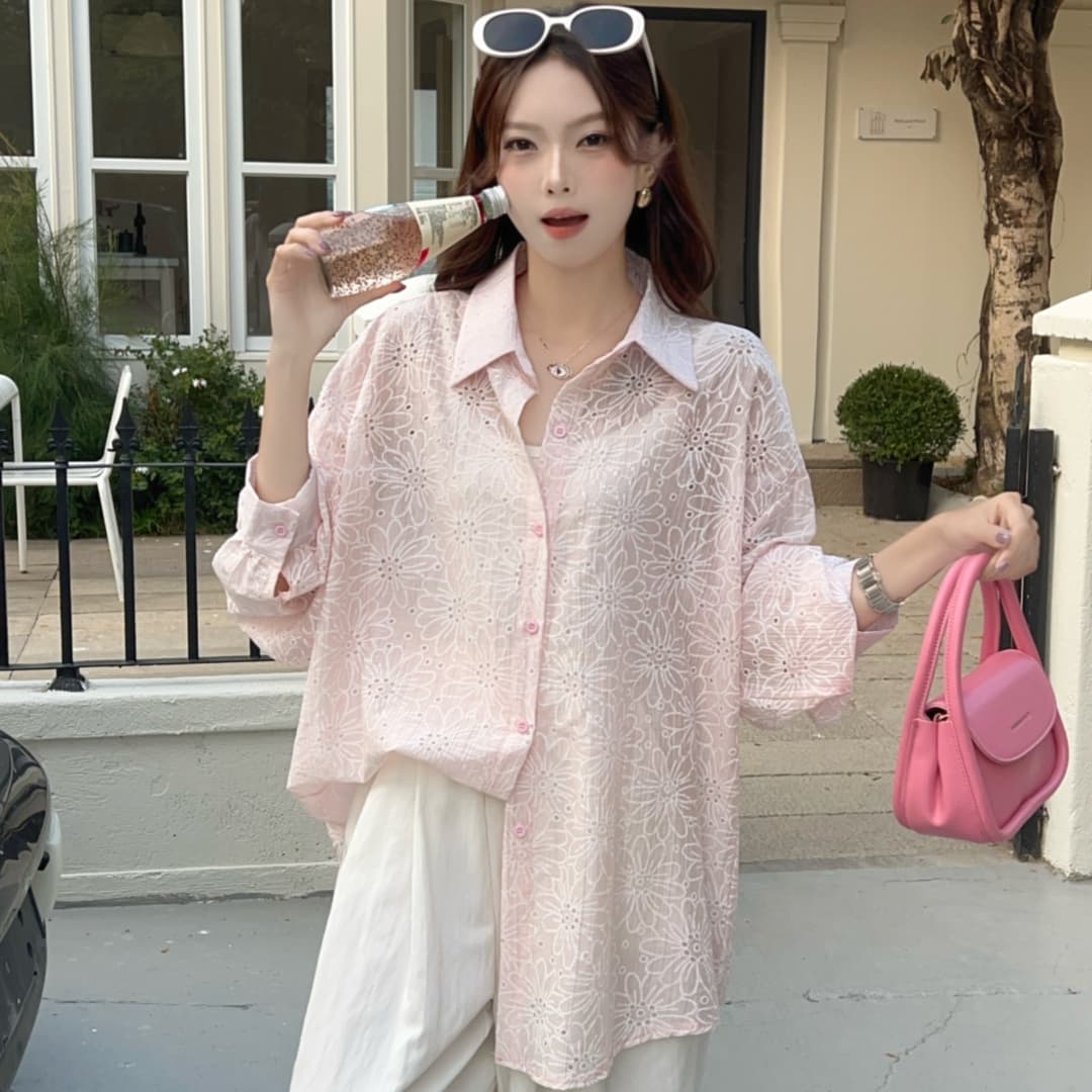 한국 스타일 봄 oversize 루즈핏 셔츠 하라주쿠 스타일 다용도 홀로우 아웃 자수 캐주얼 디자인 센스 셔츠 여성 코트 상세 이미지 14