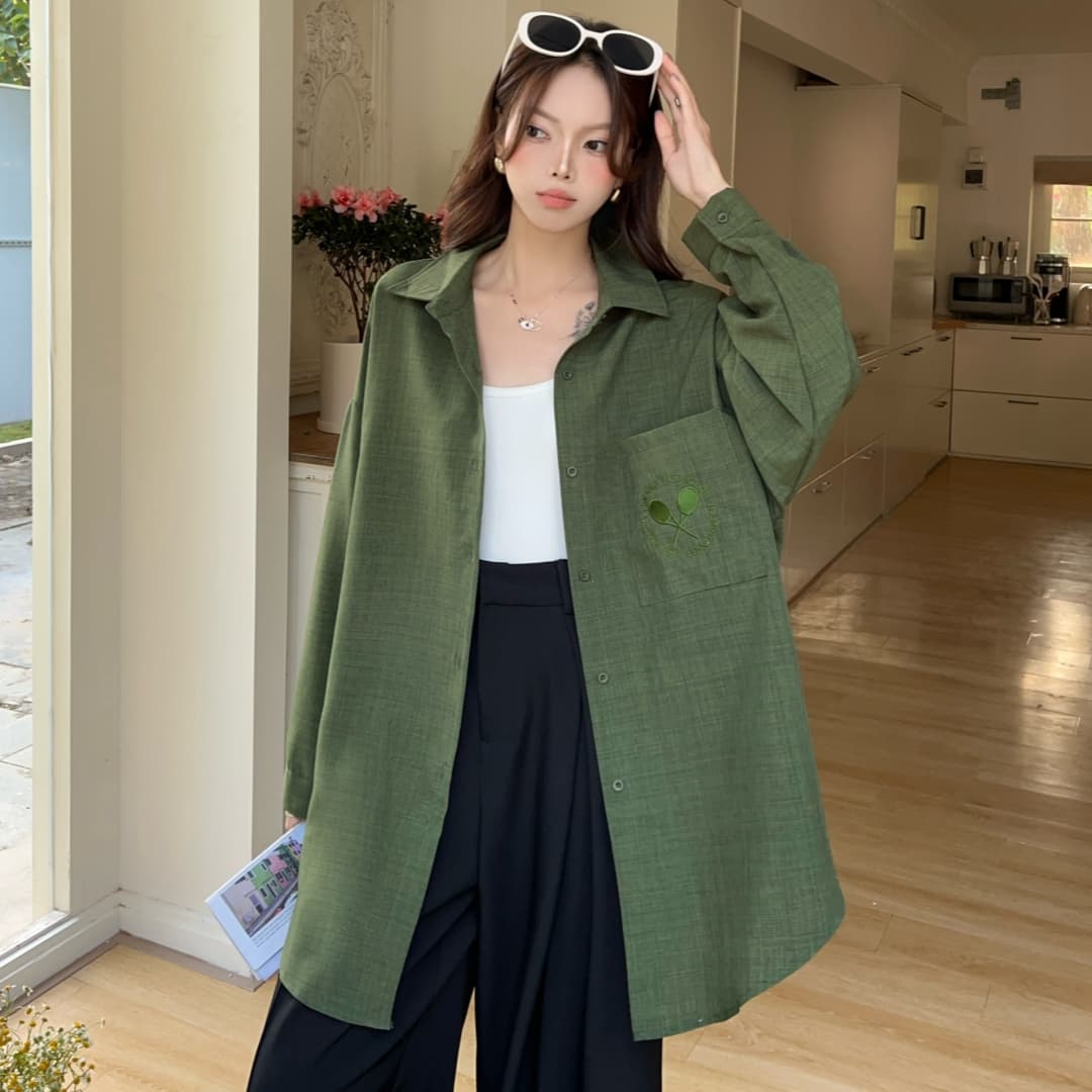 한국 스타일 봄 oversize 라켓 자수 루즈핏 셔츠 하라주쿠 스타일 미니멀리즘 단색 디자인 센스 셔츠 여성 코트 이미지 3