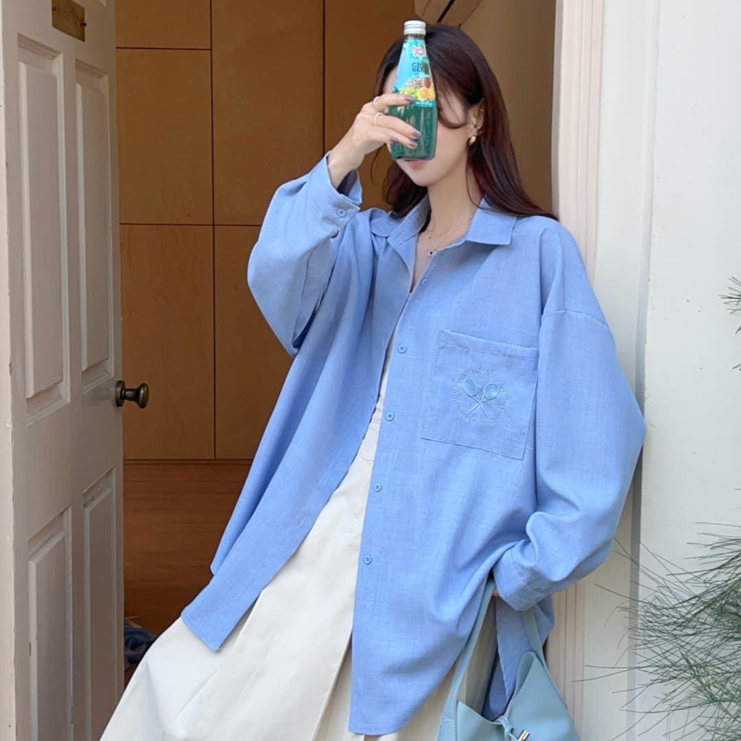 한국 스타일 봄 oversize 라켓 자수 루즈핏 셔츠 하라주쿠 스타일 미니멀리즘 단색 디자인 센스 셔츠 여성 코트 상세 이미지 11