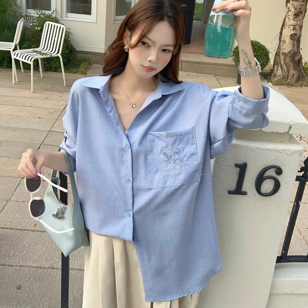 한국 스타일 봄 oversize 라켓 자수 루즈핏 셔츠 하라주쿠 스타일 미니멀리즘 단색 디자인 센스 셔츠 여성 코트 상세 이미지 13