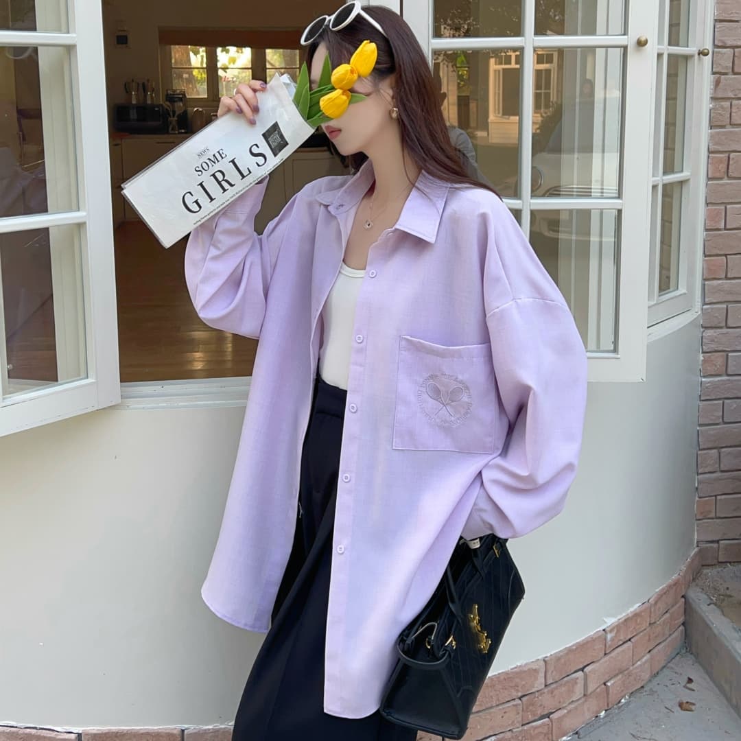 한국 스타일 봄 oversize 라켓 자수 루즈핏 셔츠 하라주쿠 스타일 미니멀리즘 단색 디자인 센스 셔츠 여성 코트 상세 이미지 16