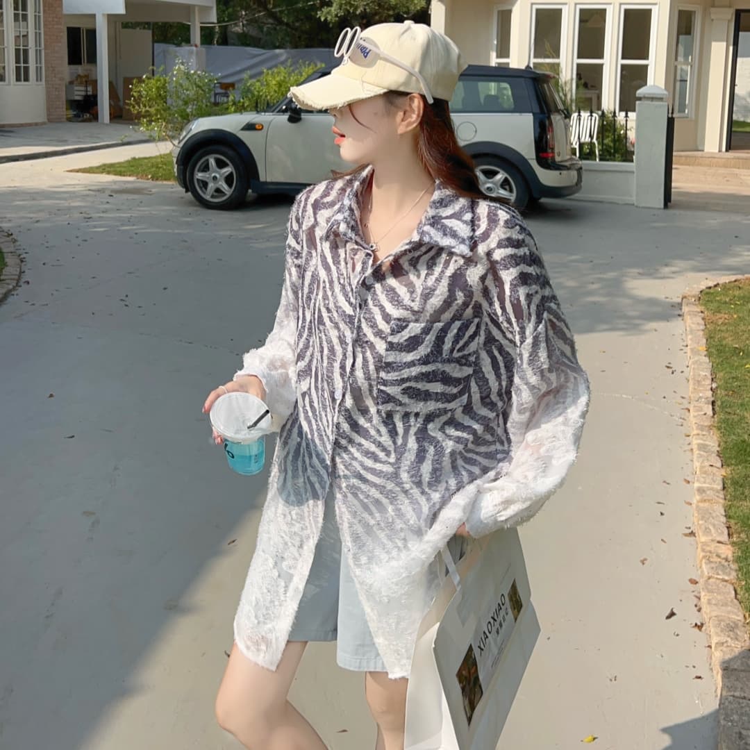 한국 스타일 봄 패치워크 스트라이프 홀로우 아웃 레이스 oversize 루즈핏 셔츠 자카드 다용도 캐주얼 셔츠 여성 코트 상세 이미지 4