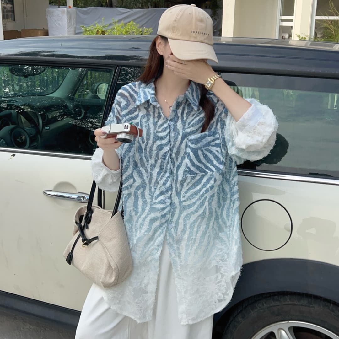 한국 스타일 봄 패치워크 스트라이프 홀로우 아웃 레이스 oversize 루즈핏 셔츠 자카드 다용도 캐주얼 셔츠 여성 코트 상세 이미지 16