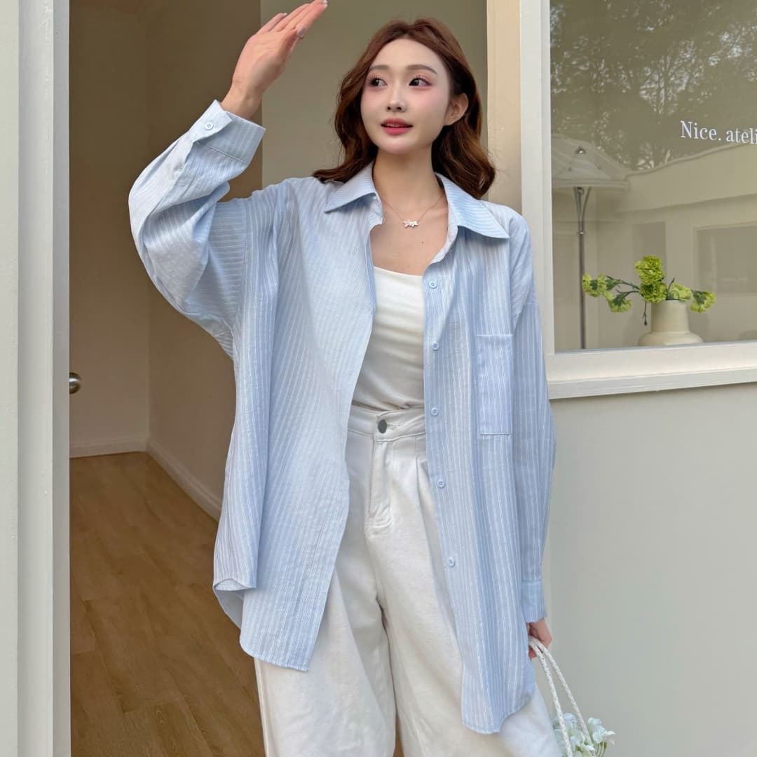 한국 스타일 봄 oversize 털 클래식 스트라이프 프로필 모양 셔츠 자외선 차단 의류 캐주얼 루즈핏 하라주쿠 스타일 여성 코트 이미지 2