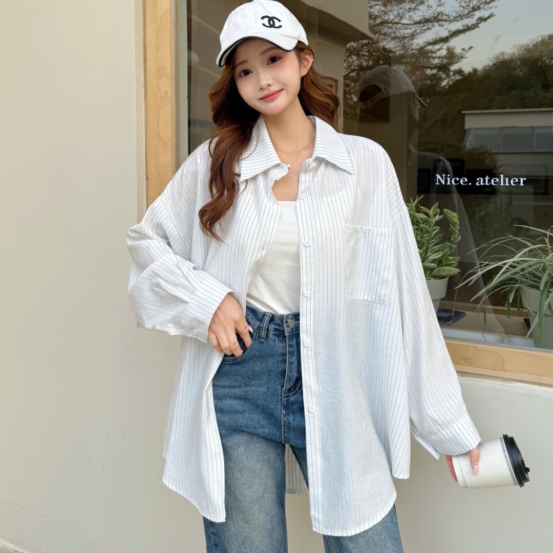 한국 스타일 봄 oversize 털 클래식 스트라이프 프로필 모양 셔츠 자외선 차단 의류 캐주얼 루즈핏 하라주쿠 스타일 여성 코트 상세 이미지 8