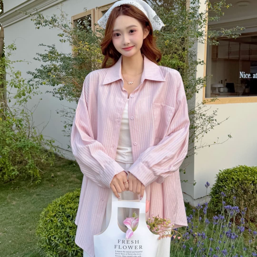 한국 스타일 봄 oversize 털 클래식 스트라이프 프로필 모양 셔츠 자외선 차단 의류 캐주얼 루즈핏 하라주쿠 스타일 여성 코트 상세 이미지 11