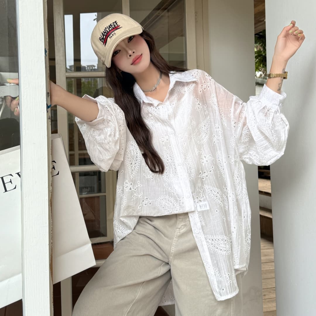 한국 스타일 여름 빅 사이즈 잎사귀 자수 chic 캐주얼 패션 다용도 홀로우 아웃 셔츠 패션 자외선 차단 의류 여성 코트 상세 이미지 5