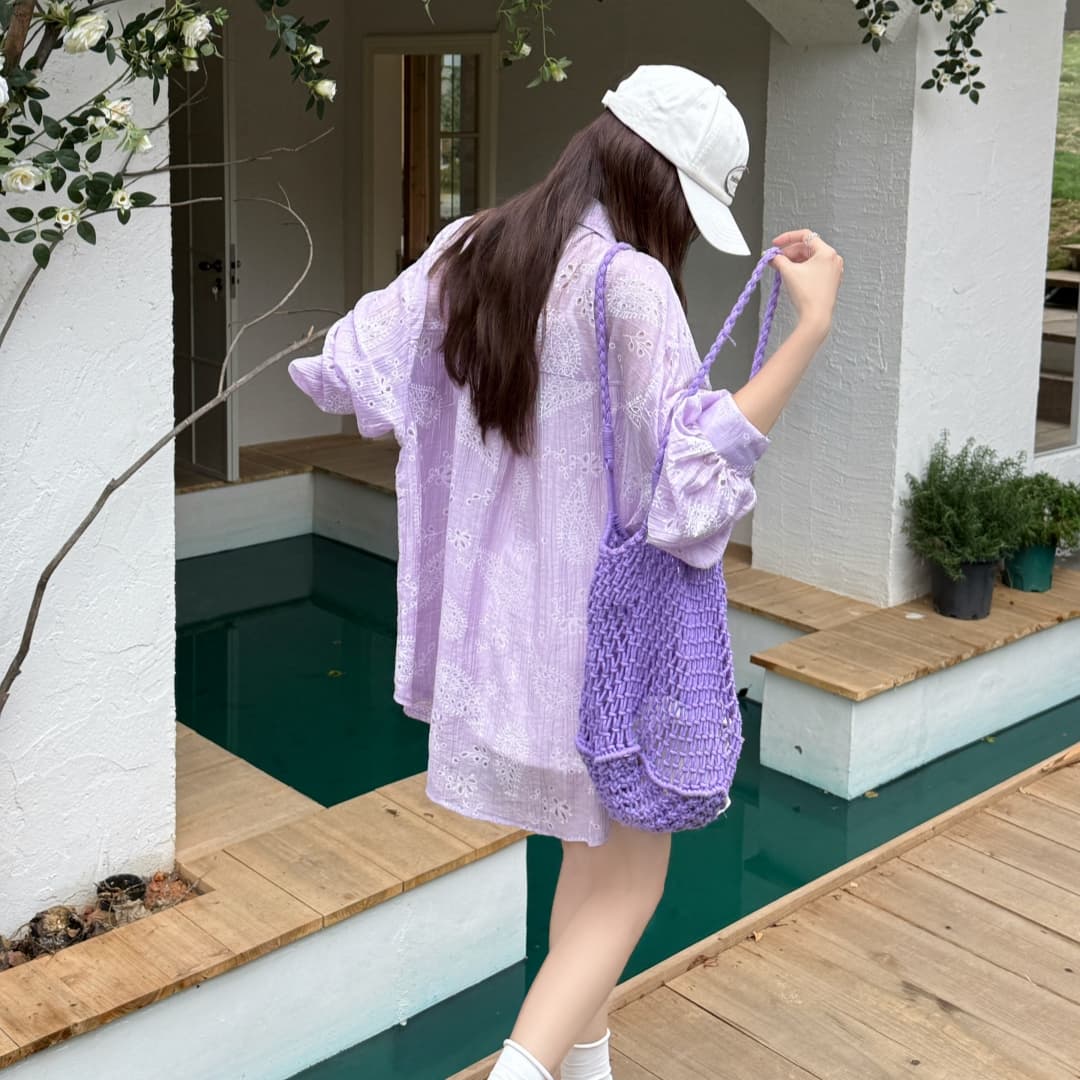 한국 스타일 여름 빅 사이즈 잎사귀 자수 chic 캐주얼 패션 다용도 홀로우 아웃 셔츠 패션 자외선 차단 의류 여성 코트 상세 이미지 7
