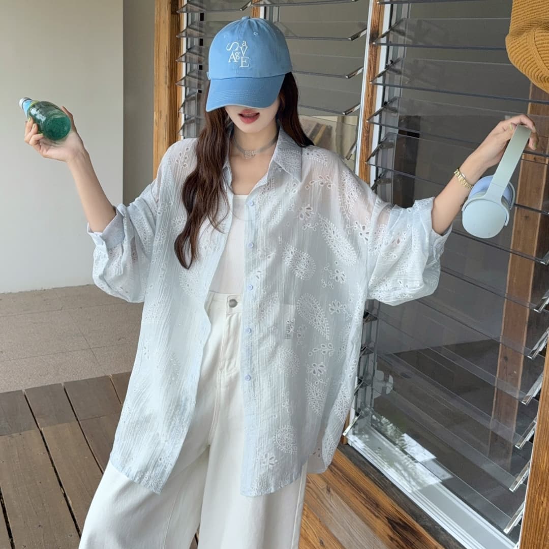 한국 스타일 여름 빅 사이즈 잎사귀 자수 chic 캐주얼 패션 다용도 홀로우 아웃 셔츠 패션 자외선 차단 의류 여성 코트 상세 이미지 19