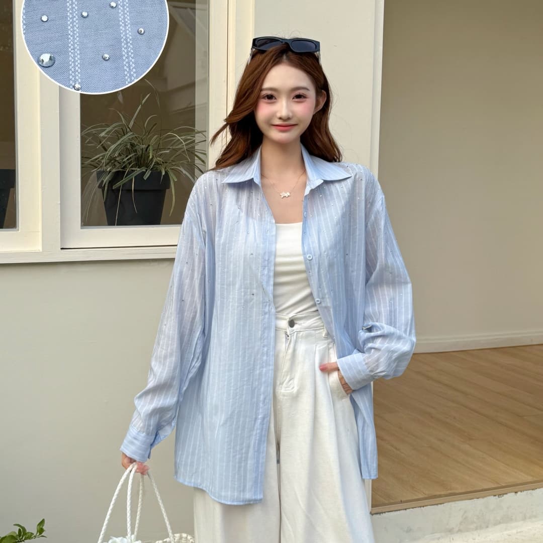 한국 스타일 여름 핫픽스 루즈핏 스트라이프 얇은 스타일 셔츠 하라주쿠 스타일 캐주얼 작은 셔츠 긴팔 자외선 차단 셔츠 여성 재킷 상세 이미지 5
