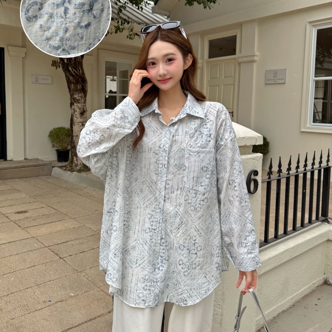 민족 스타일 프린트 여름 자카드 루즈핏 자외선 차단 의류 여성 레저 루즈핏 셔츠 캐주얼 맨위 여성 코트 셔츠 상세 이미지 7