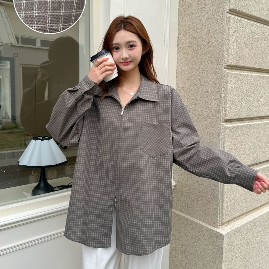 한국 스타일 봄 가을 지퍼 격자 무늬 셔츠 디자인 센스 캐주얼 루즈핏 맨위 여성 미니멀리즘 셔츠 자외선 차단 외투 트렌디