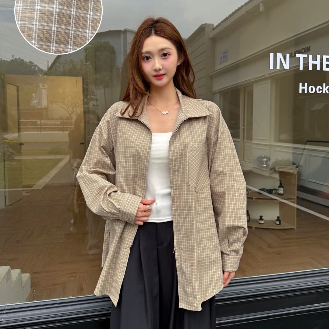 한국 스타일 봄 가을 지퍼 격자 무늬 셔츠 디자인 센스 캐주얼 루즈핏 맨위 여성 미니멀리즘 셔츠 자외선 차단 외투 트렌디 상세 이미지 2