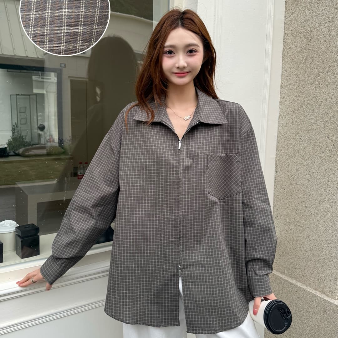 한국 스타일 봄 가을 지퍼 격자 무늬 셔츠 디자인 센스 캐주얼 루즈핏 맨위 여성 미니멀리즘 셔츠 자외선 차단 외투 트렌디 상세 이미지 5