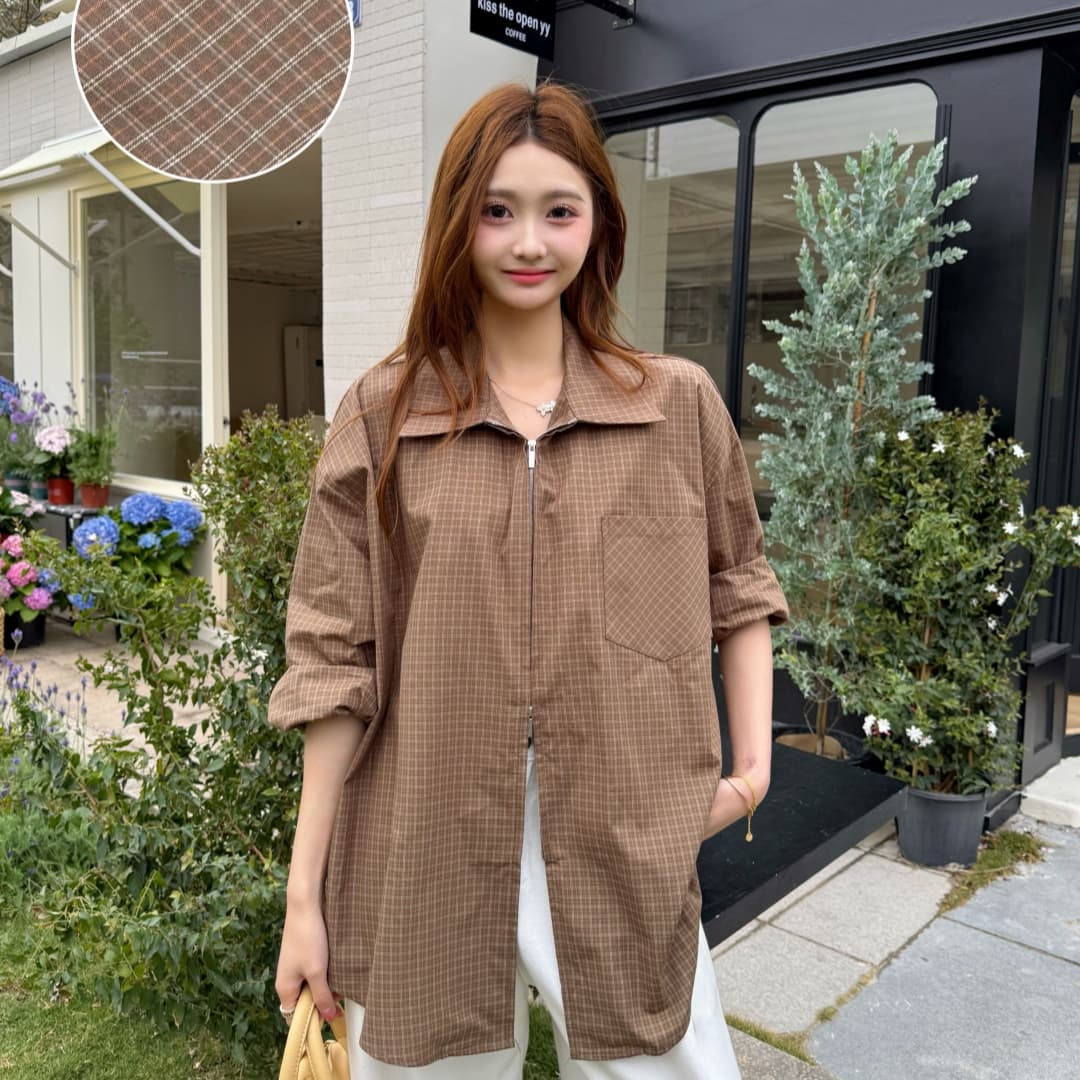 한국 스타일 봄 가을 지퍼 격자 무늬 셔츠 디자인 센스 캐주얼 루즈핏 맨위 여성 미니멀리즘 셔츠 자외선 차단 외투 트렌디 상세 이미지 6