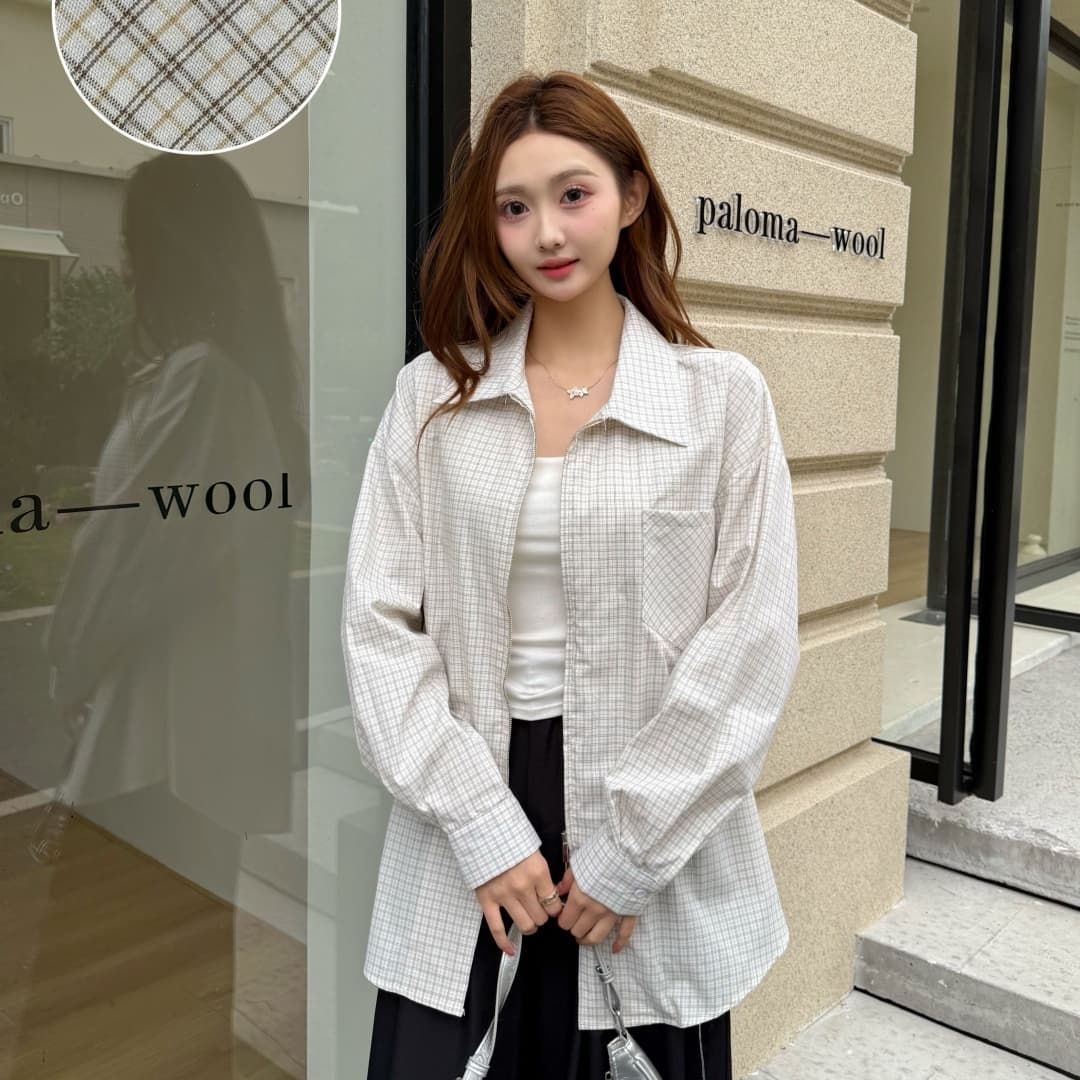 한국 스타일 봄 가을 지퍼 격자 무늬 셔츠 디자인 센스 캐주얼 루즈핏 맨위 여성 미니멀리즘 셔츠 자외선 차단 외투 트렌디 상세 이미지 9