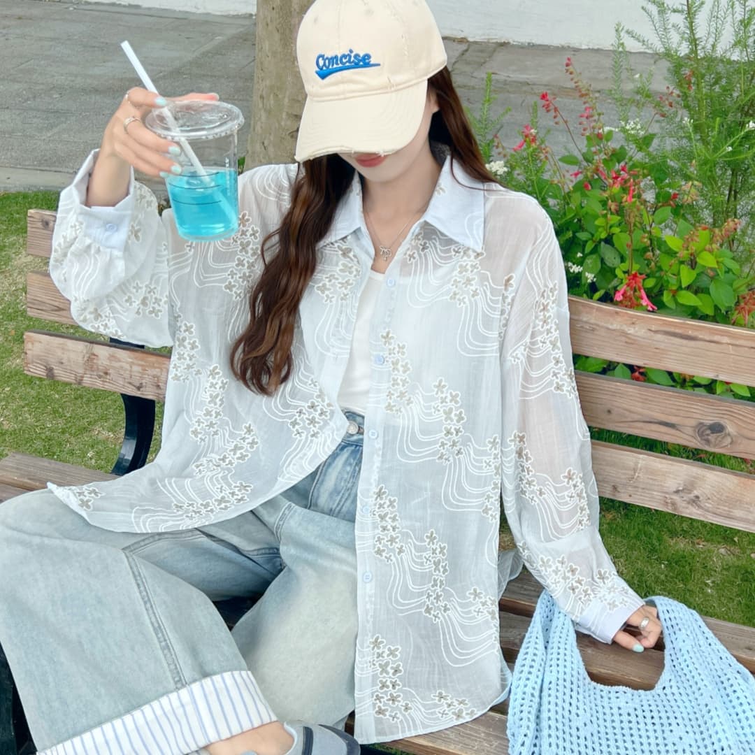 한국 스타일 여름 oversize 별 자수 셔츠 긴팔 루즈핏 긴팔 캐주얼 자외선 차단 셔츠 여성 재킷 트렌디