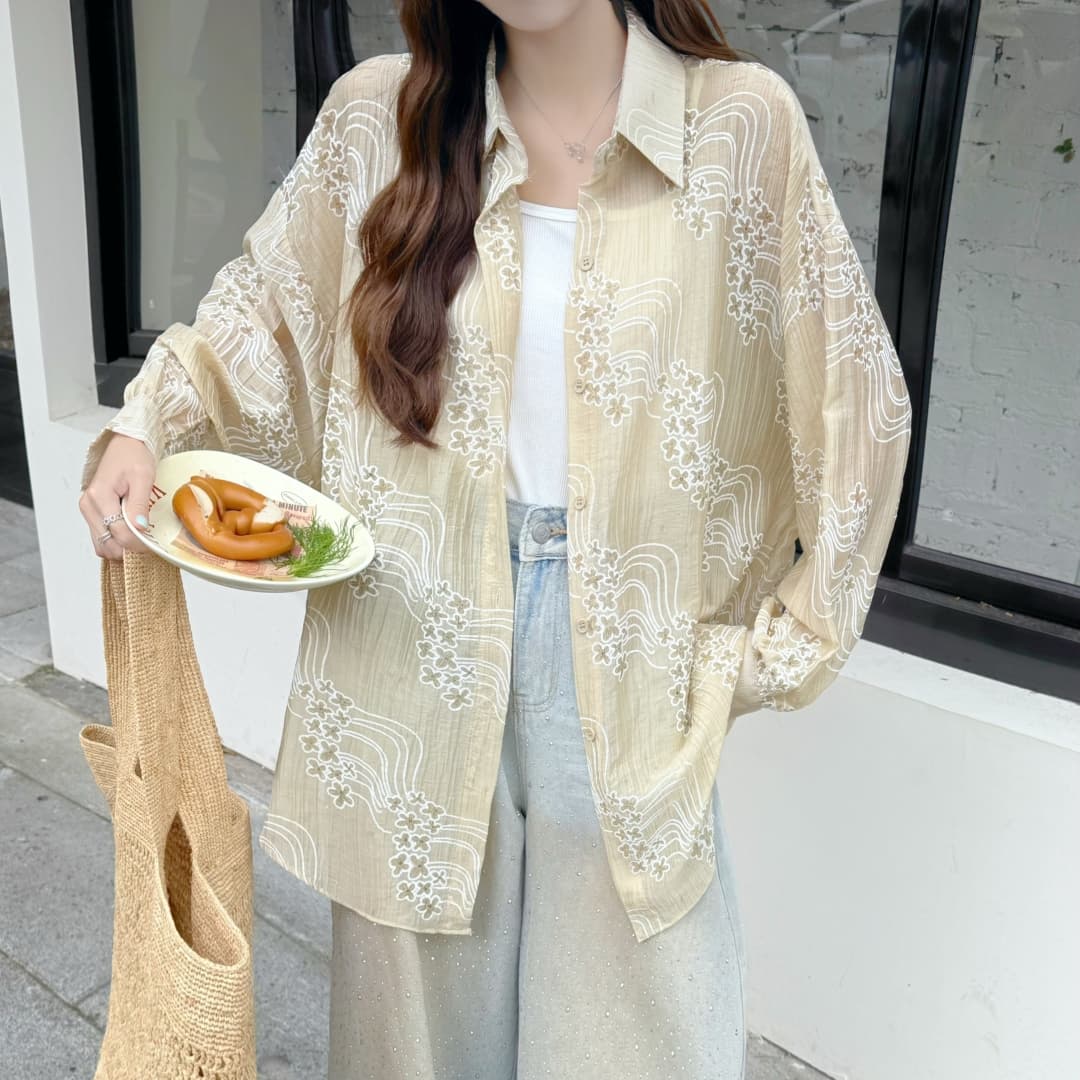 한국 스타일 여름 oversize 별 자수 셔츠 긴팔 루즈핏 긴팔 캐주얼 자외선 차단 셔츠 여성 재킷 트렌디 상세 이미지 2