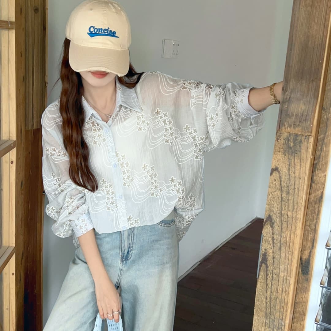 한국 스타일 여름 oversize 별 자수 셔츠 긴팔 루즈핏 긴팔 캐주얼 자외선 차단 셔츠 여성 재킷 트렌디 상세 이미지 12