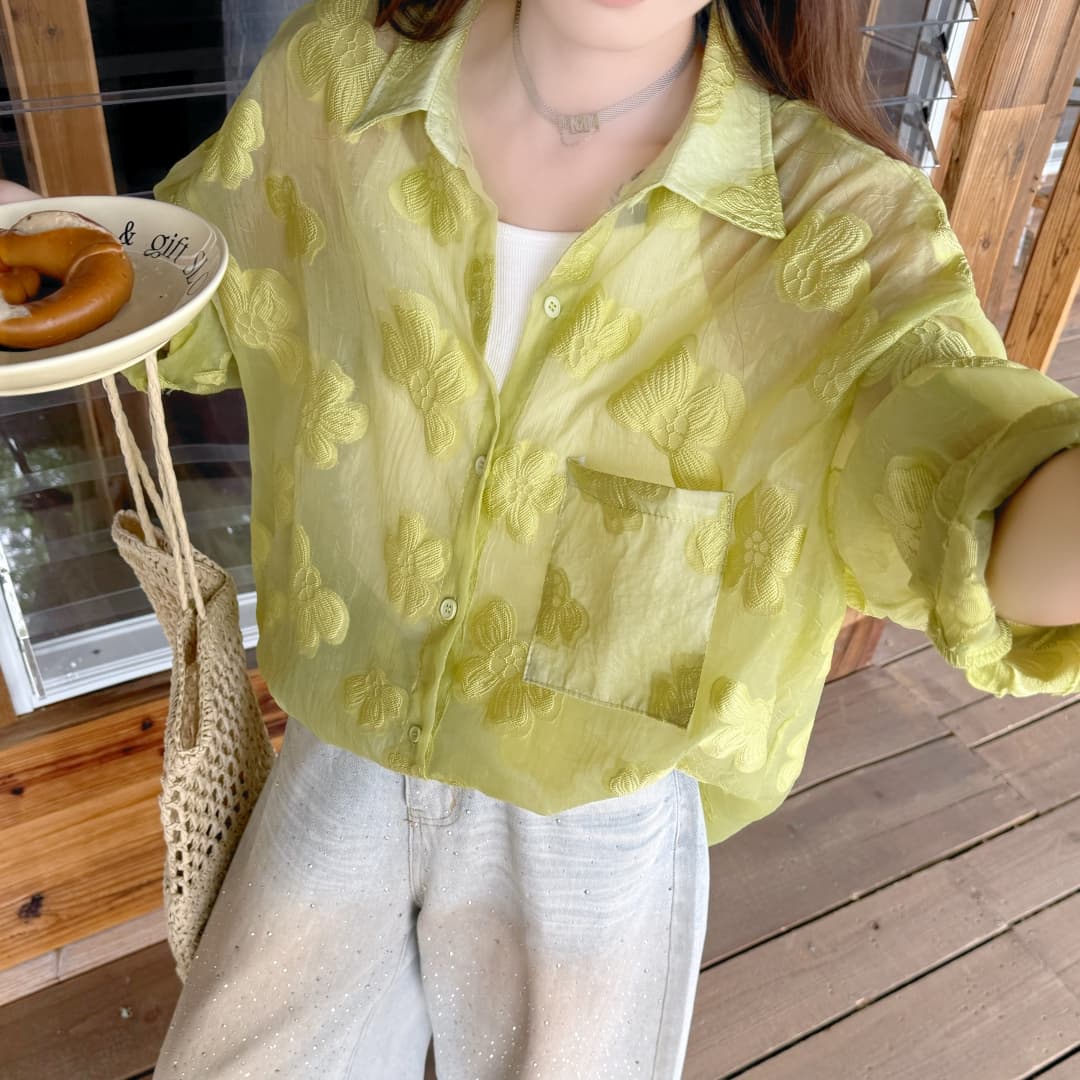 한국 스타일 여름 원근법 설치 꽃무늬 셔츠 다용도 하라주쿠 스타일 자카드 캐주얼 루즈핏 셔츠 자외선 차단 의류 여성 코트 상세 이미지 11