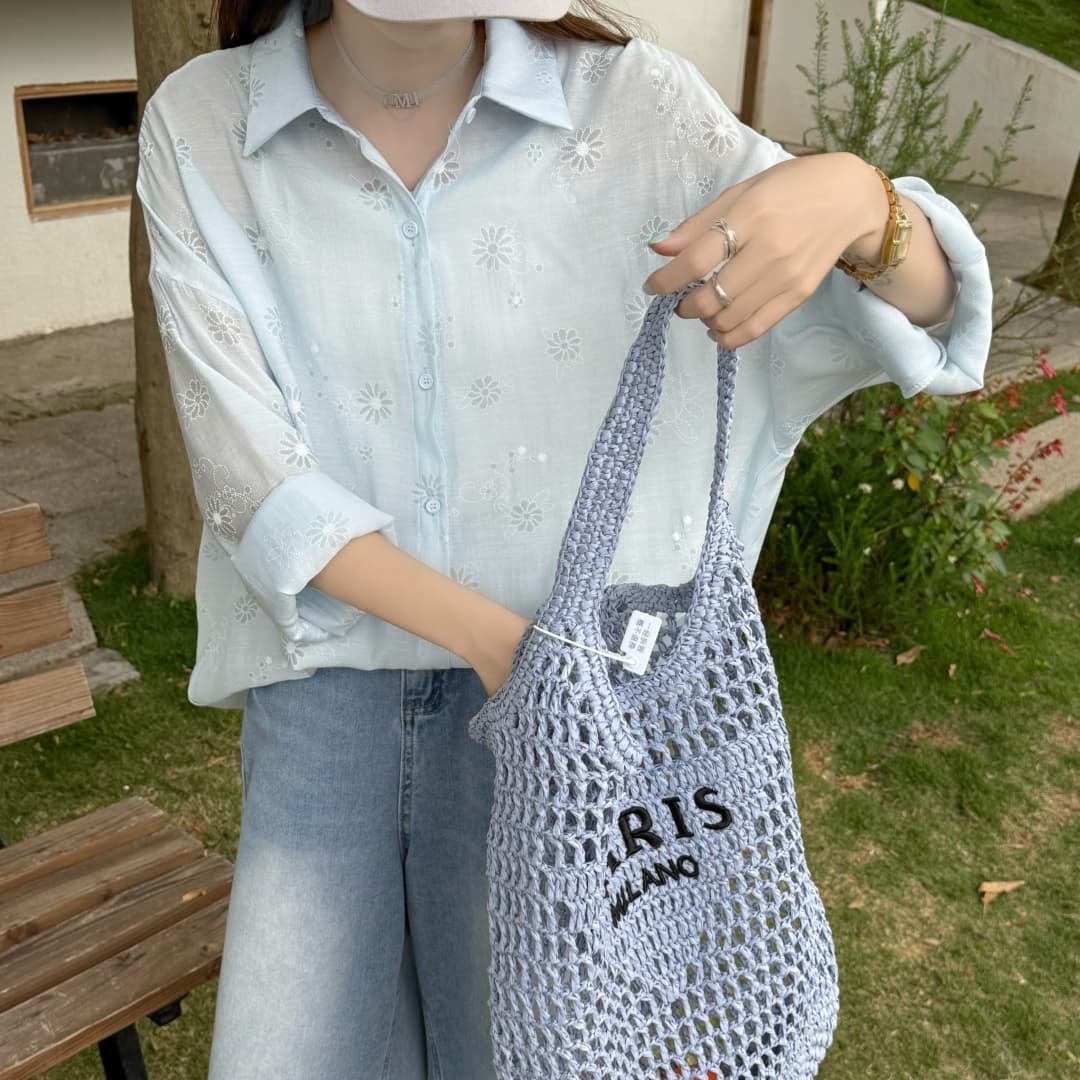 한국 스타일 여름 식물 자카드 원근법 설치 셔츠 캐주얼 디자인 센스 자외선 차단 의류 여성 패션 루즈핏 맨위 재킷 상세 이미지 2