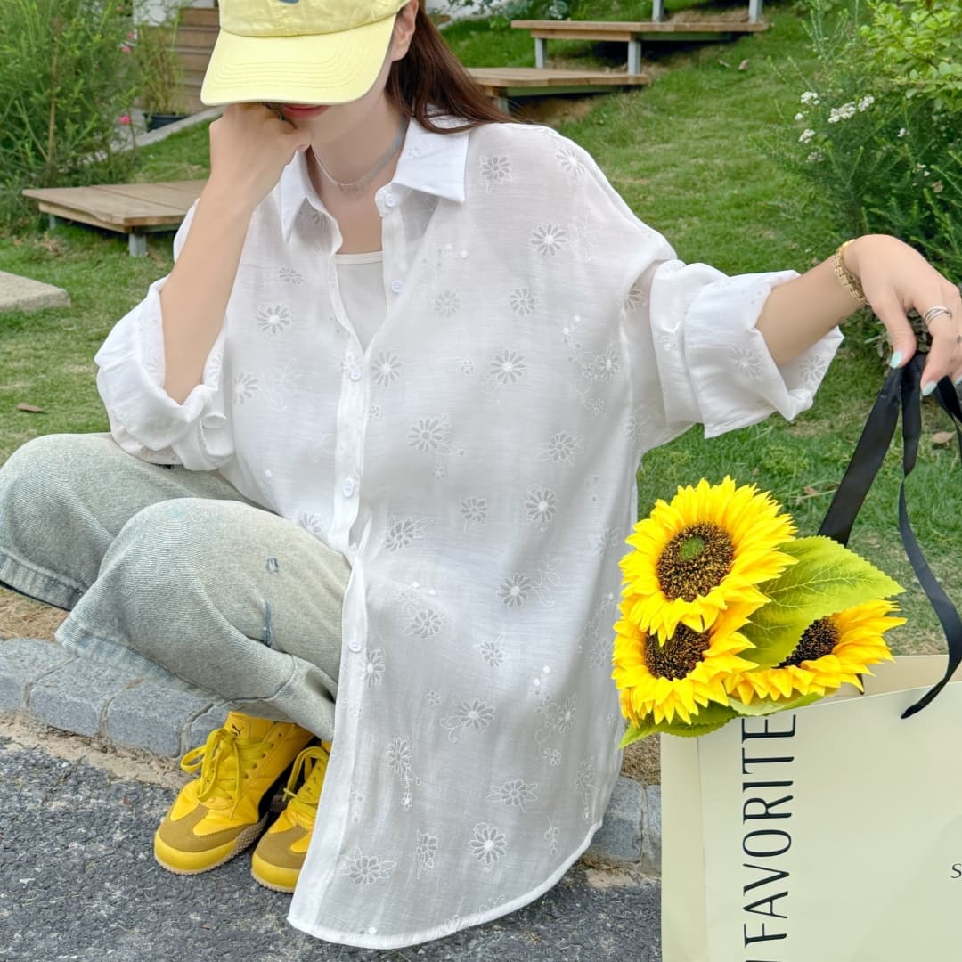 한국 스타일 여름 식물 자카드 원근법 설치 셔츠 캐주얼 디자인 센스 자외선 차단 의류 여성 패션 루즈핏 맨위 재킷 상세 이미지 14