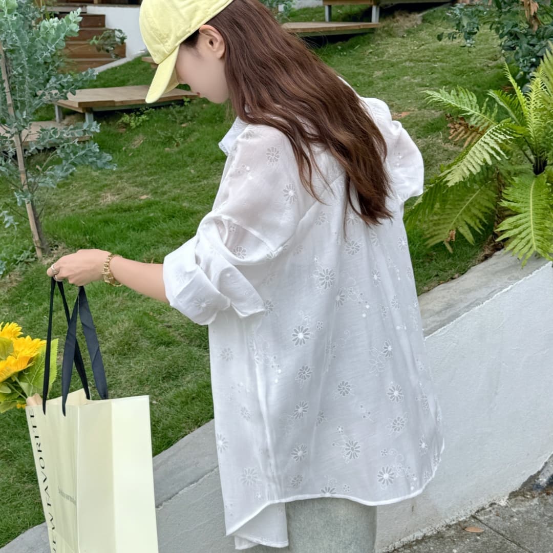 한국 스타일 여름 식물 자카드 원근법 설치 셔츠 캐주얼 디자인 센스 자외선 차단 의류 여성 패션 루즈핏 맨위 재킷 상세 이미지 17