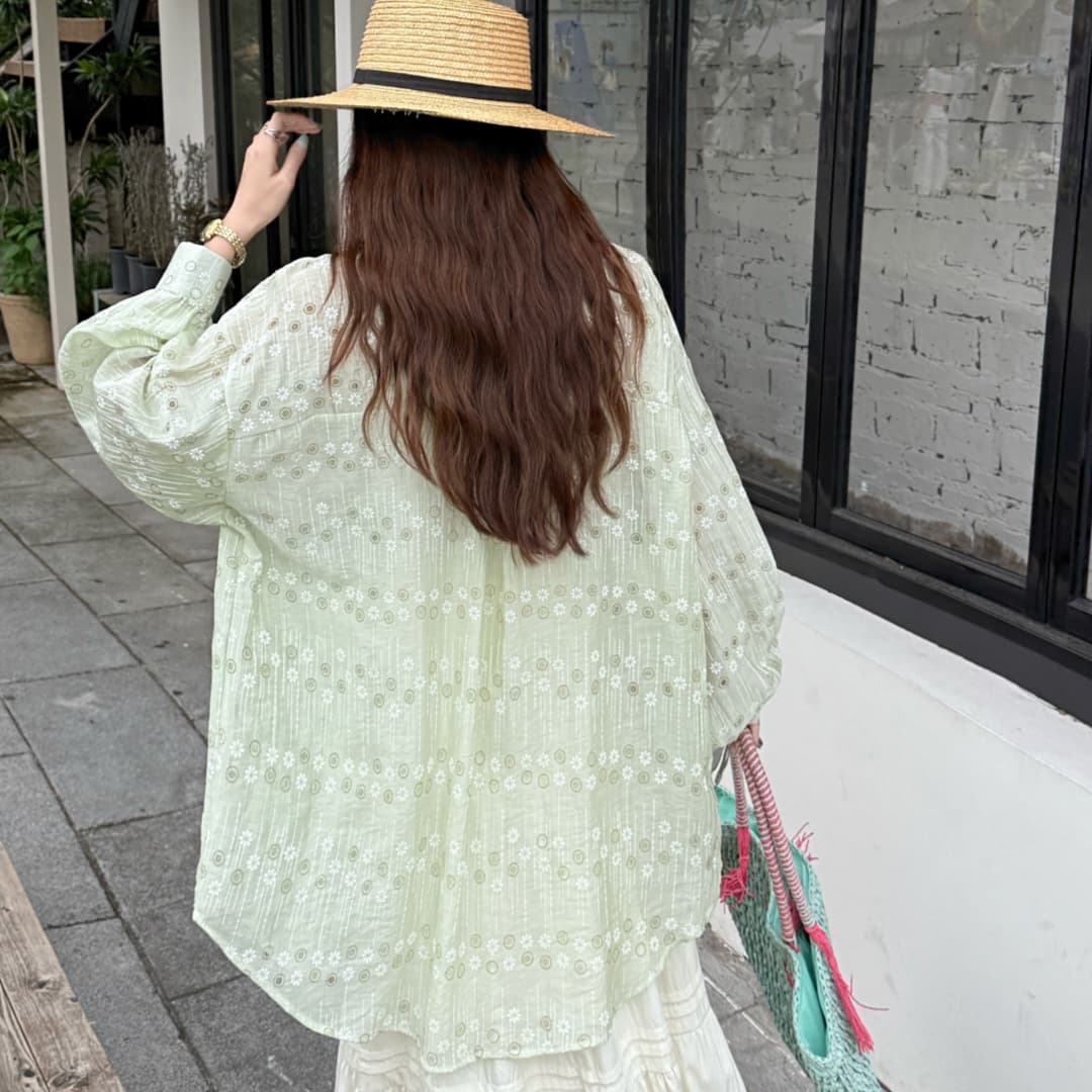 한국 스타일 여름 원근법 설치 자카드 셔츠 빅 사이즈 루즈핏 패션 디자인 센스 다용도 자외선 차단 의류 여성 코트 셔츠 상세 이미지 2