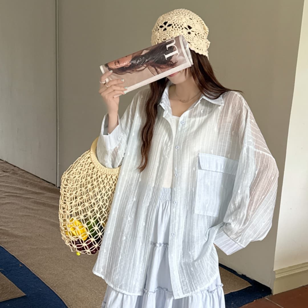 한국 스타일 여름 얇은 스타일 자카드 스트라이프 셔츠 oversize 디자인 센스 자외선 차단 의류 여성 루즈핏 다용도 맨위 재킷 상세 이미지 3