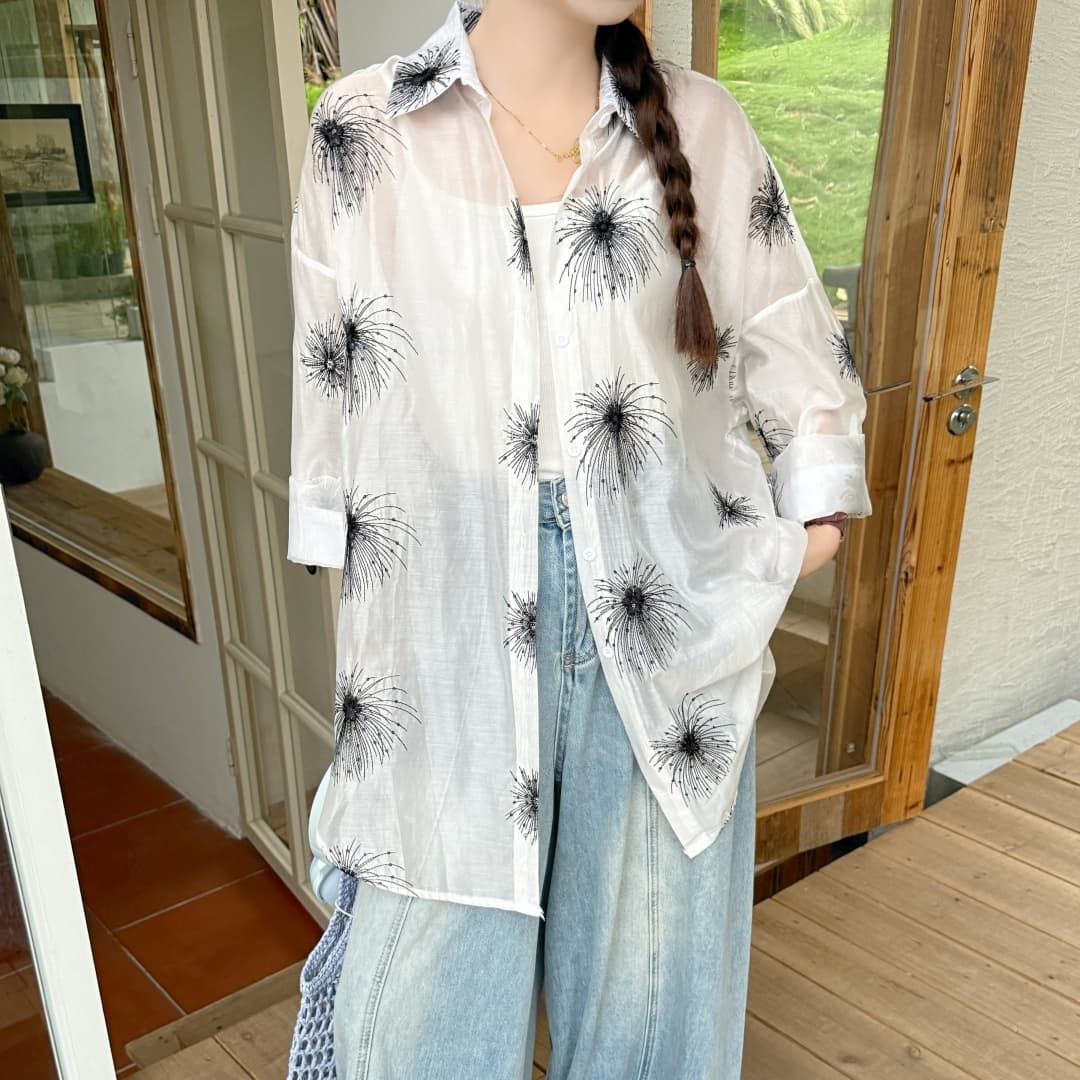 한국 스타일 oversize 여름 핫픽스 꽃무늬 자카드 셔츠 하라주쿠 스타일 레트로 캐주얼 자외선 차단 셔츠 여성 재킷 상세 이미지 1