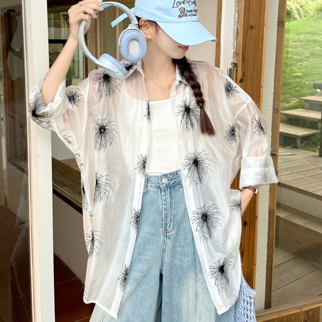 한국 스타일 oversize 여름 핫픽스 꽃무늬 자카드 셔츠 하라주쿠 스타일 레트로 캐주얼 자외선 차단 셔츠 여성 재킷 상세 이미지 2