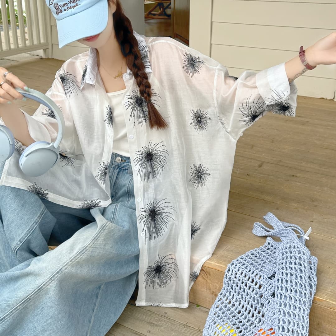 한국 스타일 oversize 여름 핫픽스 꽃무늬 자카드 셔츠 하라주쿠 스타일 레트로 캐주얼 자외선 차단 셔츠 여성 재킷 상세 이미지 3