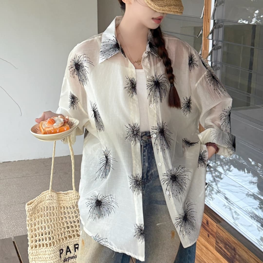한국 스타일 oversize 여름 핫픽스 꽃무늬 자카드 셔츠 하라주쿠 스타일 레트로 캐주얼 자외선 차단 셔츠 여성 재킷 상세 이미지 7