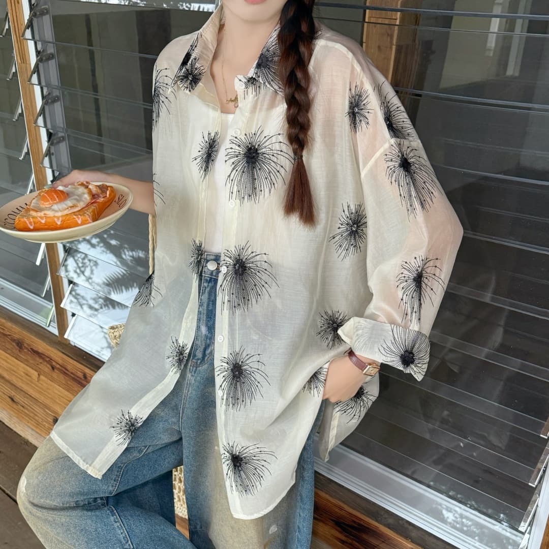 한국 스타일 oversize 여름 핫픽스 꽃무늬 자카드 셔츠 하라주쿠 스타일 레트로 캐주얼 자외선 차단 셔츠 여성 재킷 상세 이미지 8