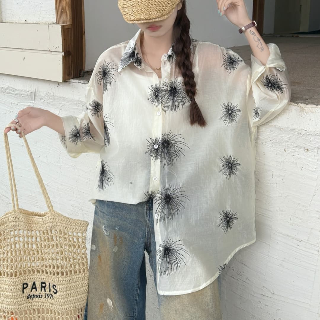 한국 스타일 oversize 여름 핫픽스 꽃무늬 자카드 셔츠 하라주쿠 스타일 레트로 캐주얼 자외선 차단 셔츠 여성 재킷 상세 이미지 10