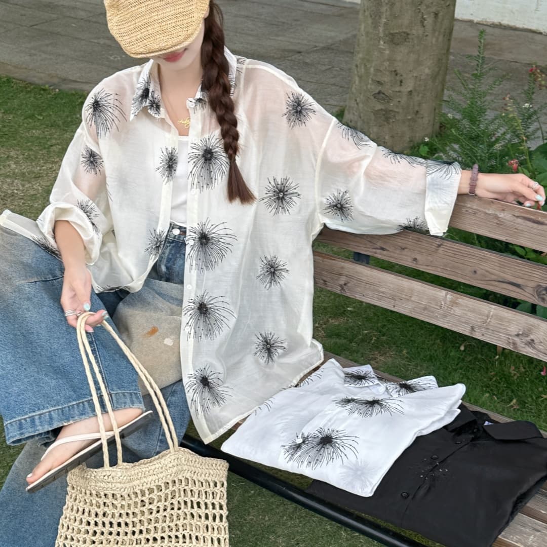 한국 스타일 oversize 여름 핫픽스 꽃무늬 자카드 셔츠 하라주쿠 스타일 레트로 캐주얼 자외선 차단 셔츠 여성 재킷 상세 이미지 11