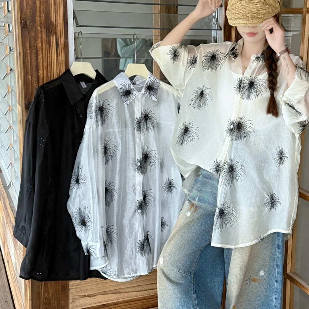 한국 스타일 oversize 여름 핫픽스 꽃무늬 자카드 셔츠 하라주쿠 스타일 레트로 캐주얼 자외선 차단 셔츠 여성 재킷 상세 이미지 12