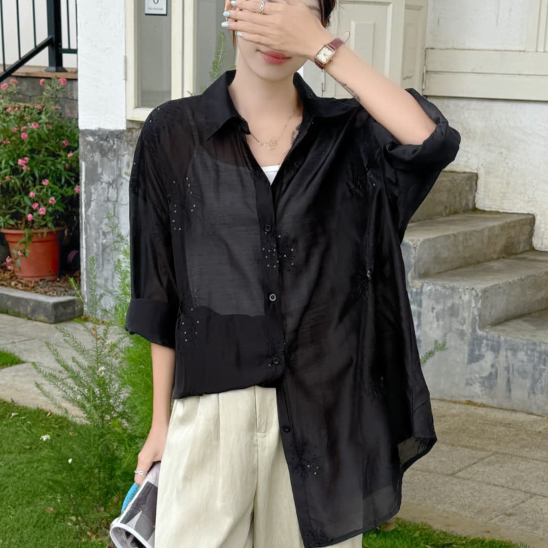 한국 스타일 oversize 여름 핫픽스 꽃무늬 자카드 셔츠 하라주쿠 스타일 레트로 캐주얼 자외선 차단 셔츠 여성 재킷 상세 이미지 13